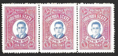 India ORCHHA STATE 1935 3a unused strip of 3. SG 16