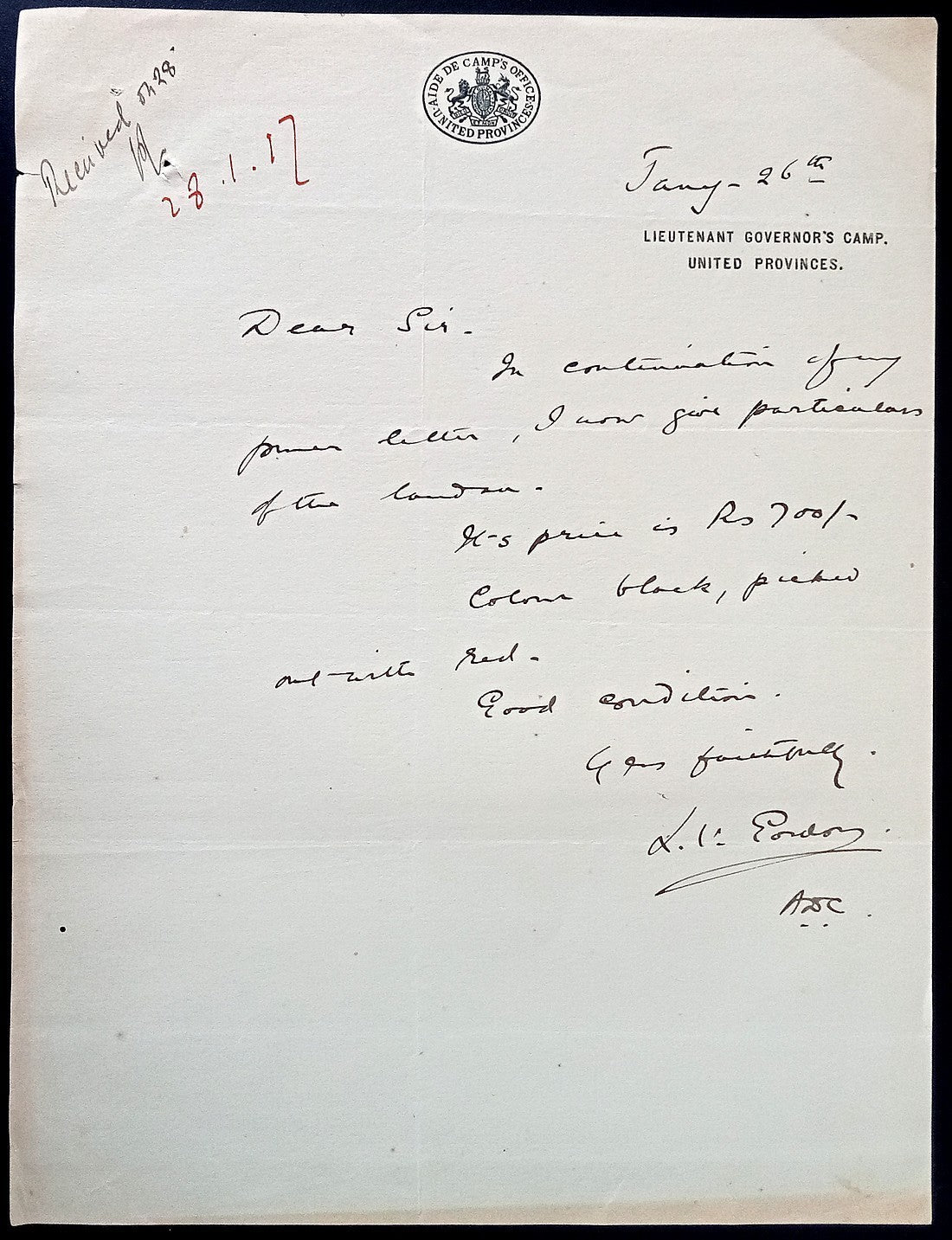 India 1917 crested  letter AIDE DE CAMP'S OFFICE * UNITED PROVINCES