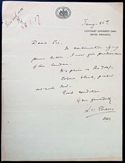India 1917 crested  letter AIDE DE CAMP'S OFFICE * UNITED PROVINCES