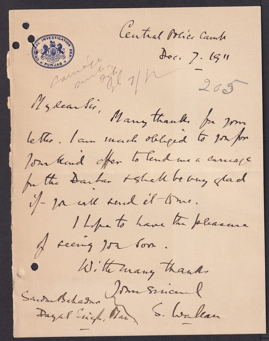 India crested letter CRIMINAL INVESTIGATION DEP. PUNJAB - 1911 CORONATION DURBAR
