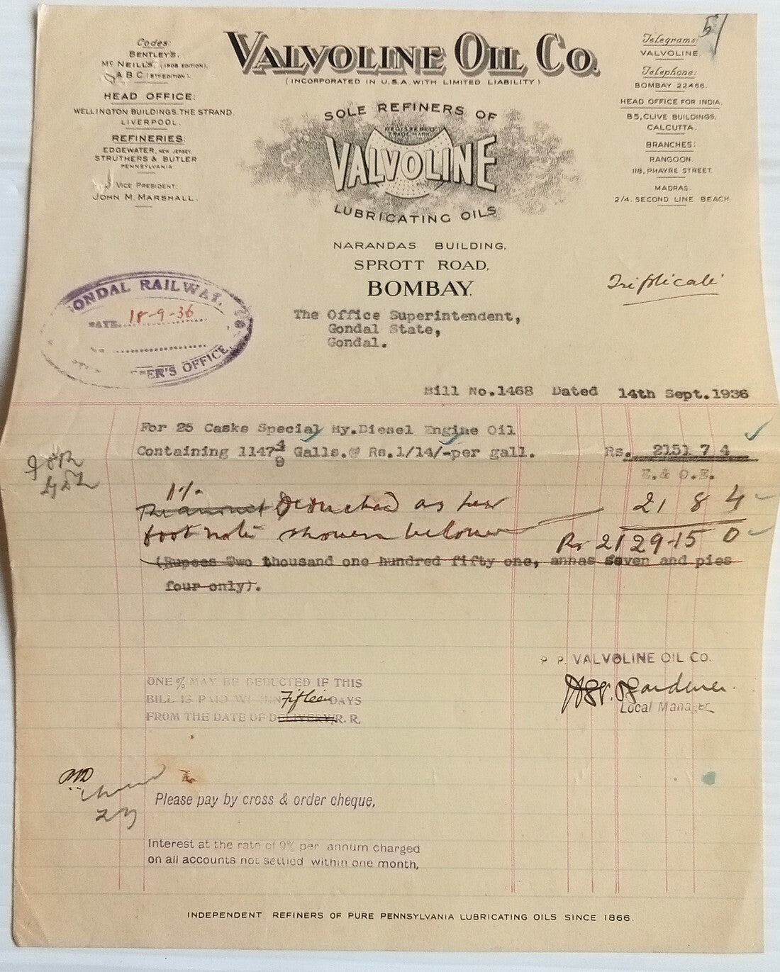 AOP India 1936 billhead VALVOLINE Bombay