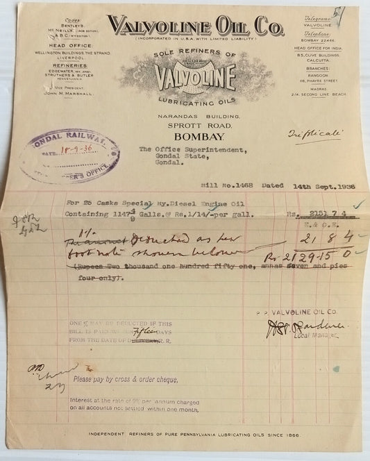 AOP India 1936 billhead VALVOLINE Bombay