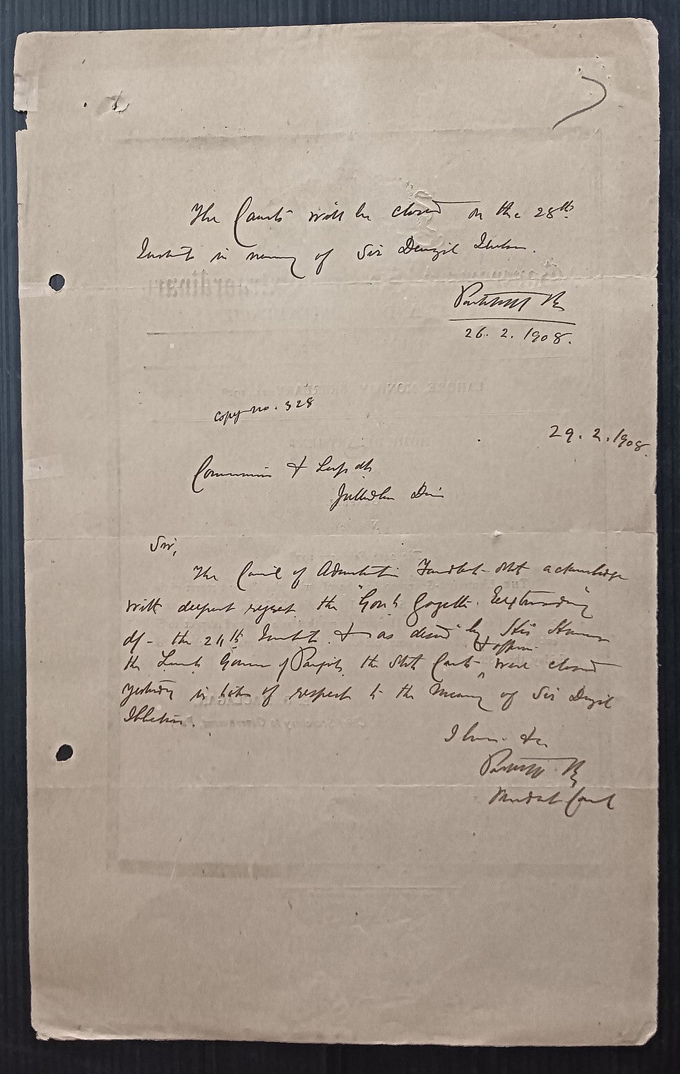 India 1908 mourning Gazette notifying the death of Lt. Gov. Sir Denzil Ibbetson