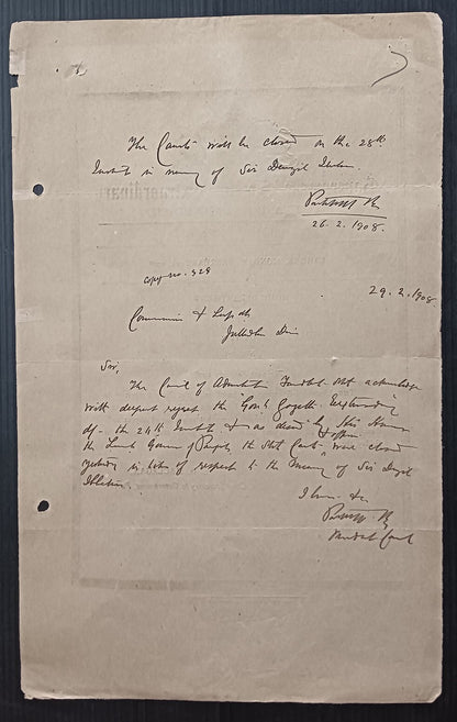India 1908 mourning Gazette notifying the death of Lt. Gov. Sir Denzil Ibbetson