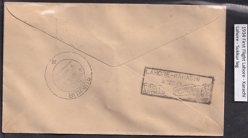 India 1934 First Flight cover Lahore to Sukkur leg of Lahore - Karachi flight