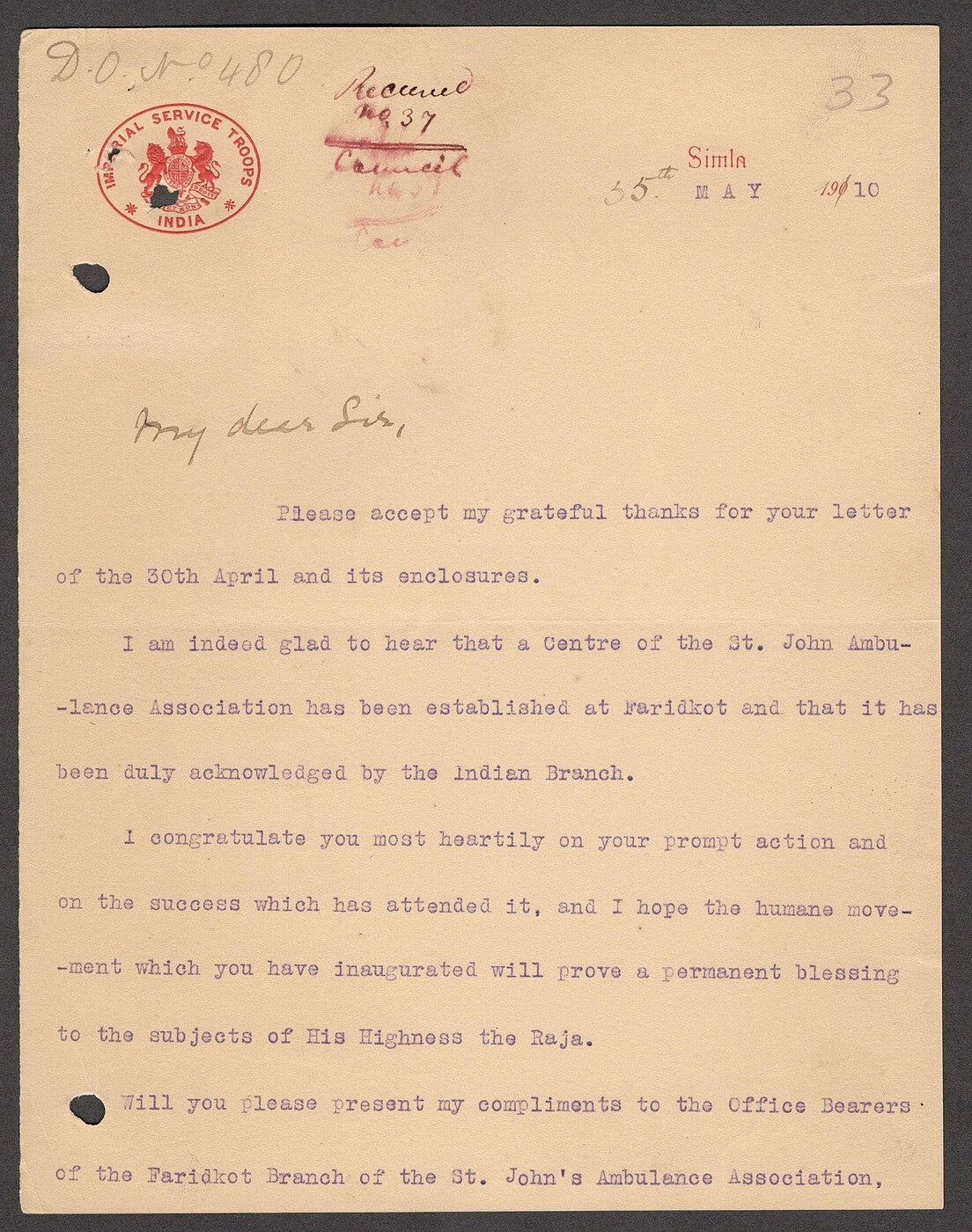 India IMPERIAL SERVICE TROOPS 1910 crested letter