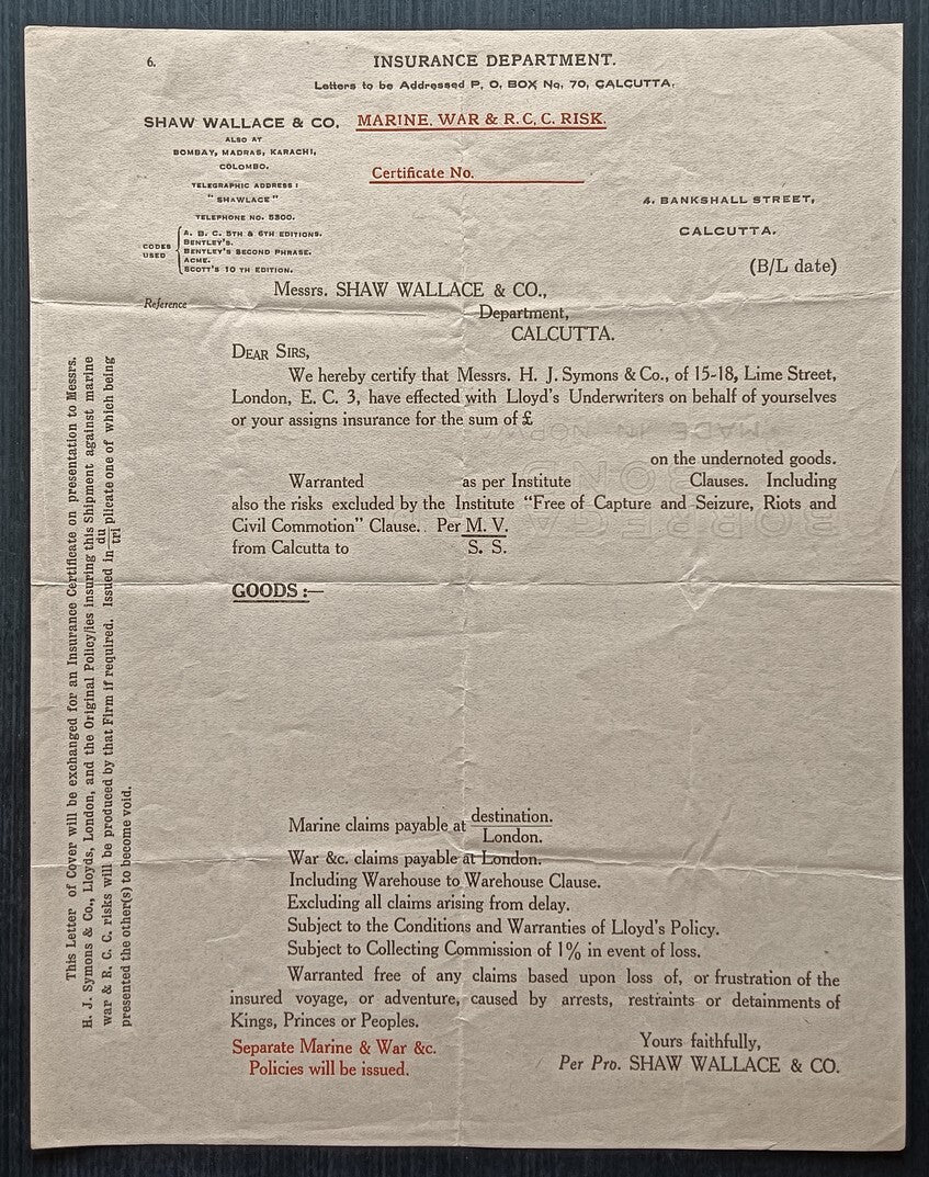 India WW2 1940-42 WAR RISKS (GOODS) INSURANCE ORDINANCE documents