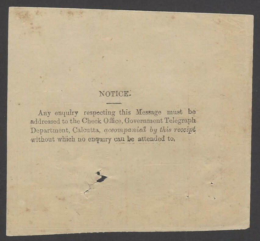 India 1886 B. G. RAILWAY telegraph receipt
