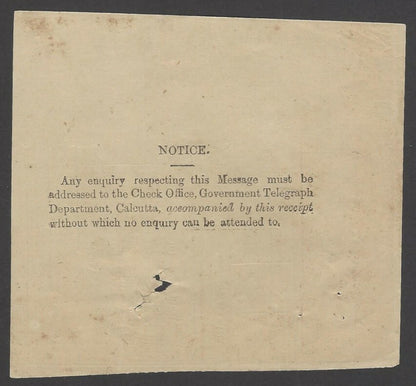 India 1886 B. G. RAILWAY telegraph receipt
