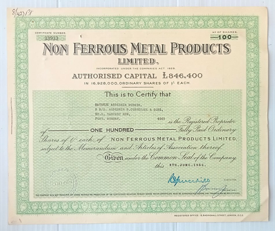 AOP India 1952 share certificate Non Ferrous Metal Products Ltd	