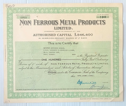 AOP India 1952 share certificate Non Ferrous Metal Products Ltd	