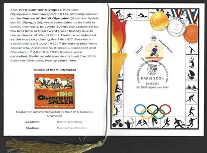 India 2024 Paris Olympics souvenir with 1916 Berlin, Germany Olympics cachet