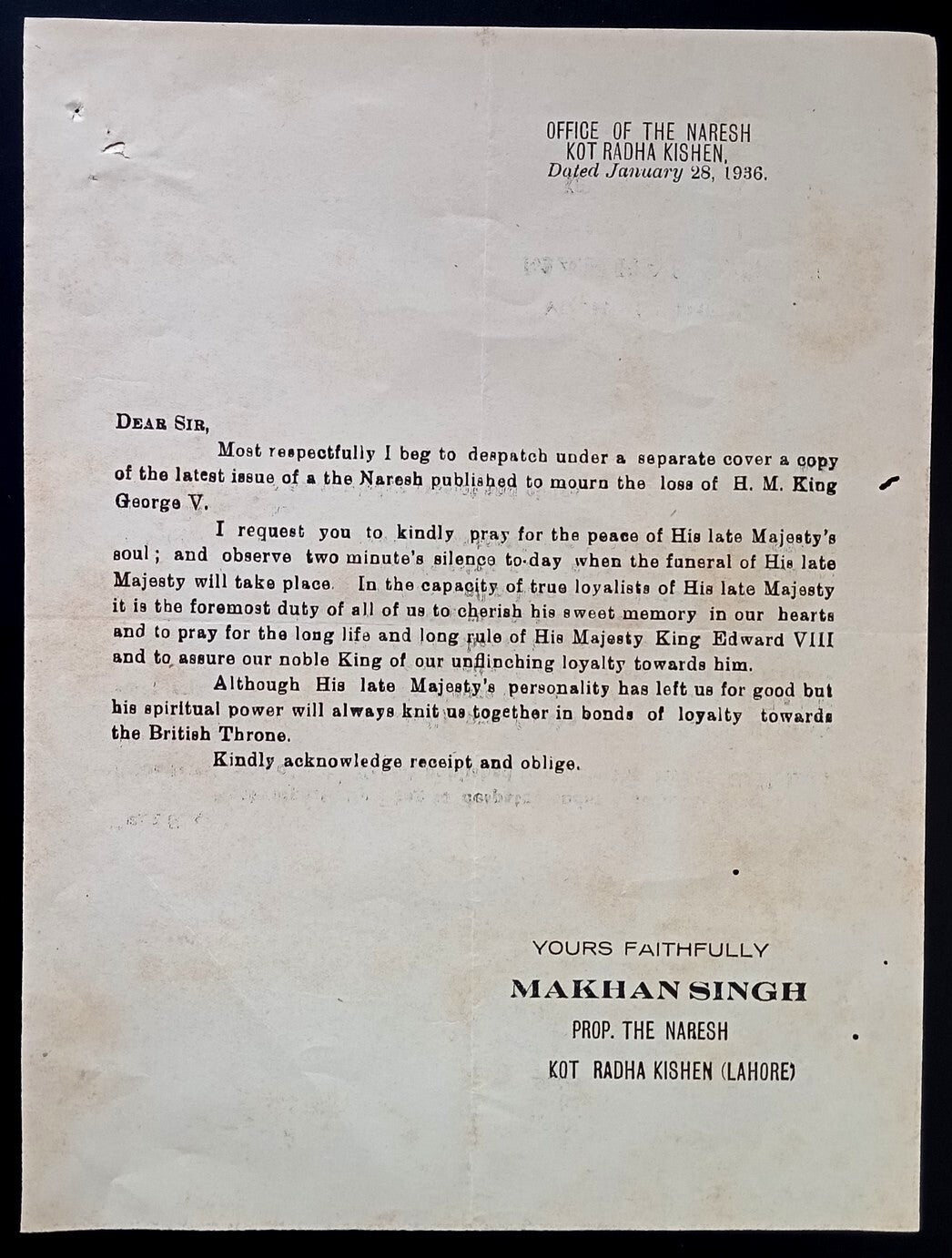 India 1936 cringe loyalty letter mourning the death of King George V
