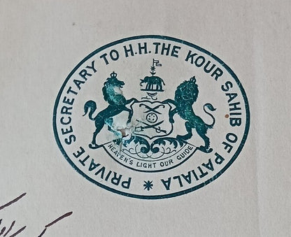 India crested letter PRIVATE SECRETARY TO H.H. THE KOUR SAHIB OF PATIALA