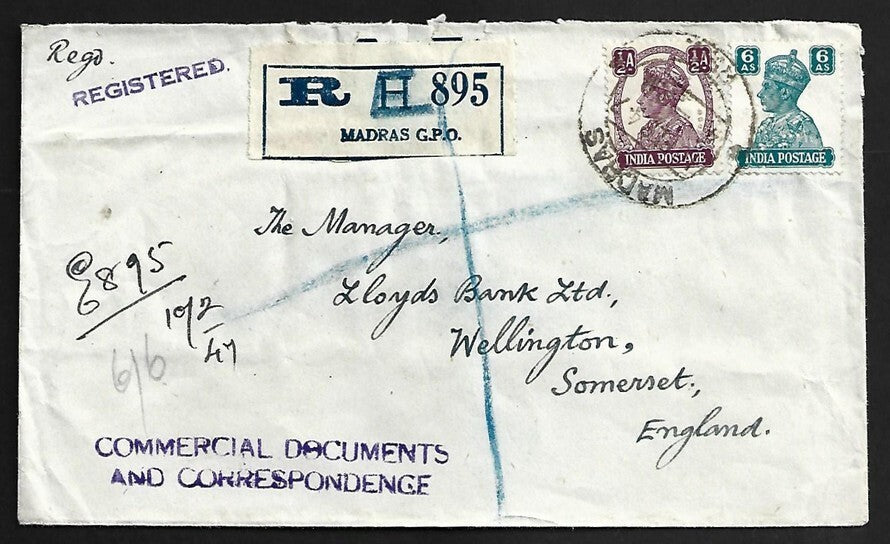 AOP India Feb 1947 KGVI 6 1/2a rate registered cover to England
