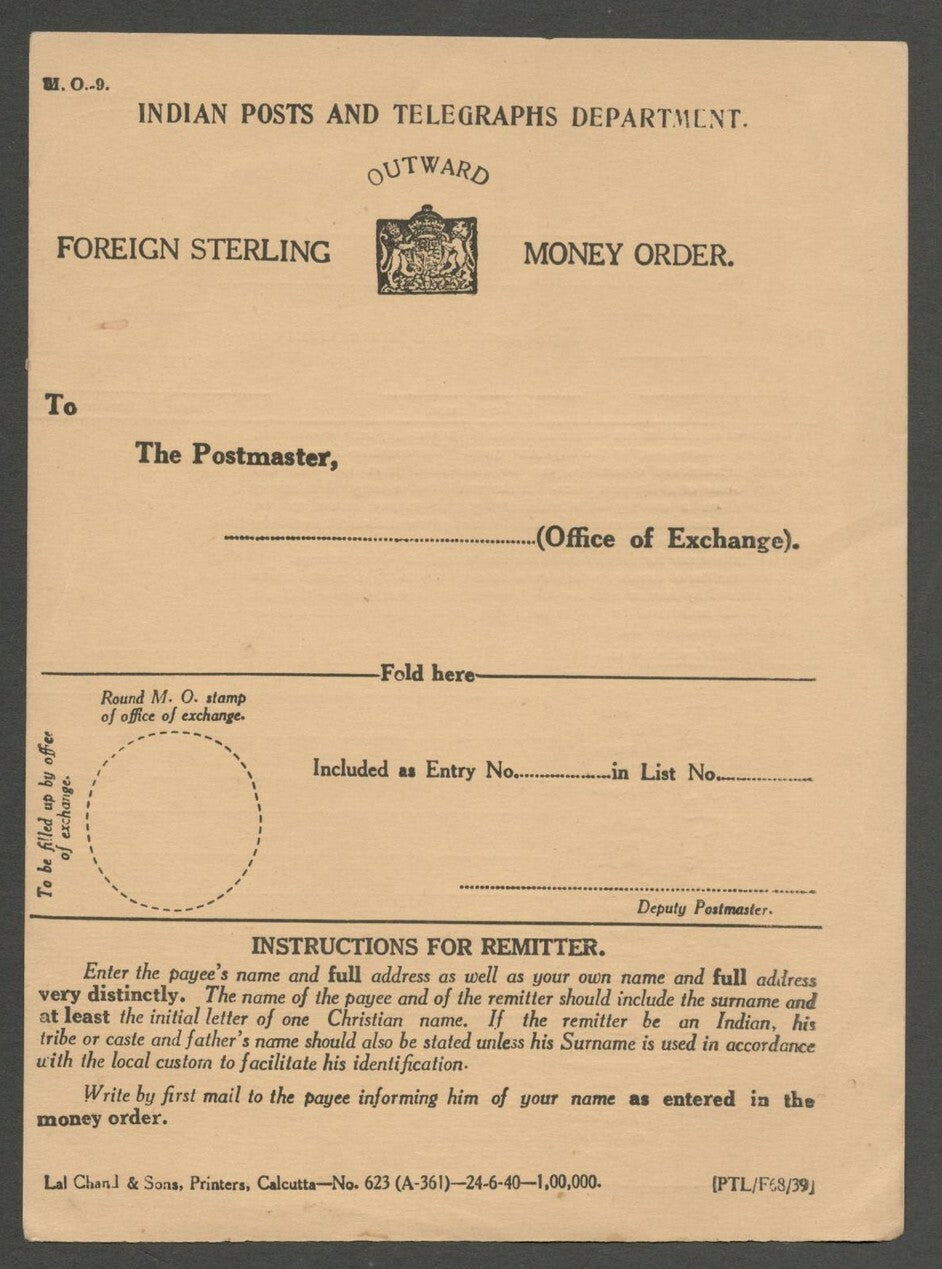 AOP India 1940 FOREIGN OUTWARD STERLING MONEY ORDER unused