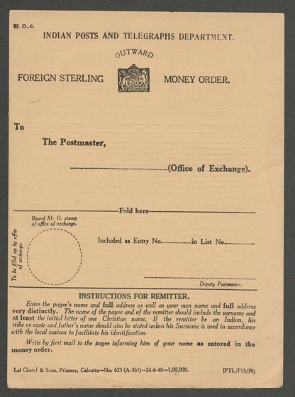 AOP India 1940 FOREIGN OUTWARD STERLING MONEY ORDER unused