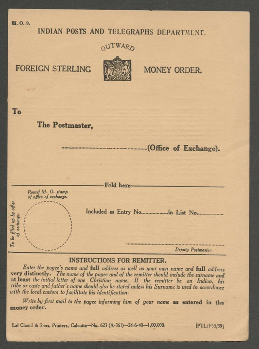 AOP India 1940 FOREIGN OUTWARD STERLING MONEY ORDER unused