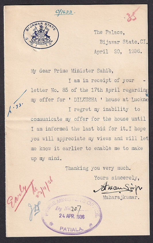 India BIJAWAR STATE crested letter signed Prince Aman Singh 1936