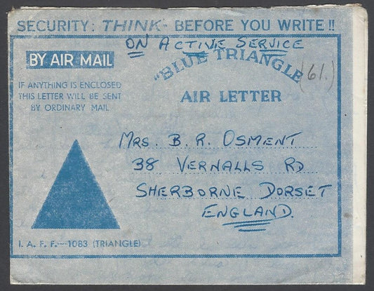 AOP India WW2 IAFF  BLUE TRIANGLE air letter to UK 1945