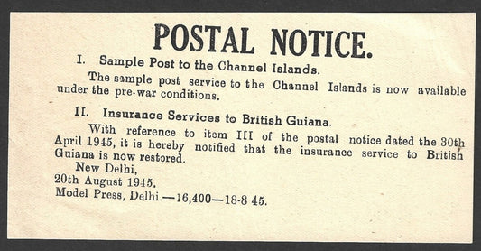 India 1945 POSTAL NOTICE Sample Post Channel Islands + Insurance British Guiana
