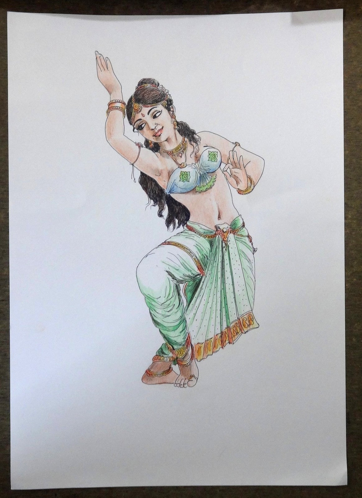 Indian dancing beauty watercolors crayons & ink on card 12''x 17''