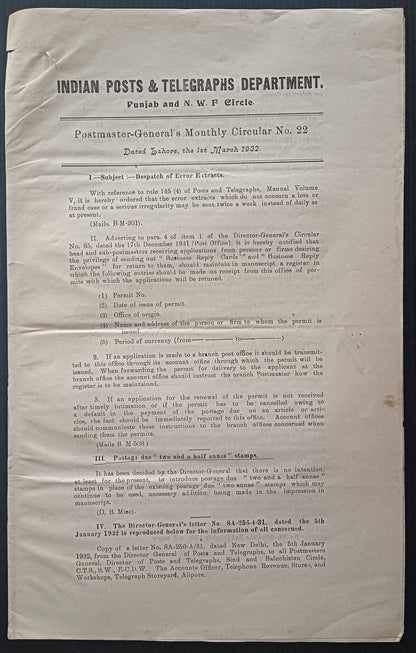 India 1932 PG'S POSTAL CIRCULAR Postage Due Two & Half Annas stamps, etc.