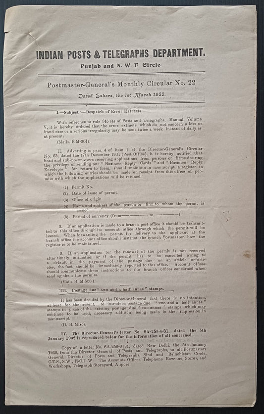 India 1932 PG'S POSTAL CIRCULAR Postage Due Two & Half Annas stamps, etc.