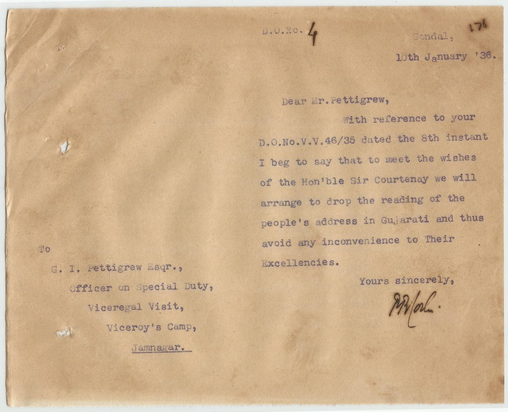 India 1936 Viceroy’s Camp Junagadh OSD telegram etc