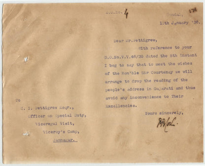 India 1936 Viceroy’s Camp Junagadh OSD telegram etc