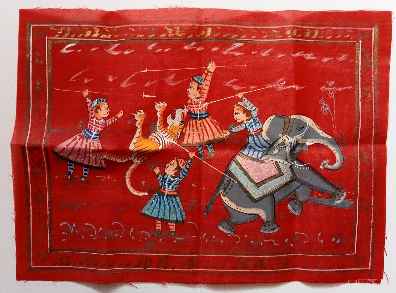 India vintage painting on cloth RAJAH ON ELEPHANT KILLING TIGER 8 x 12 inches
