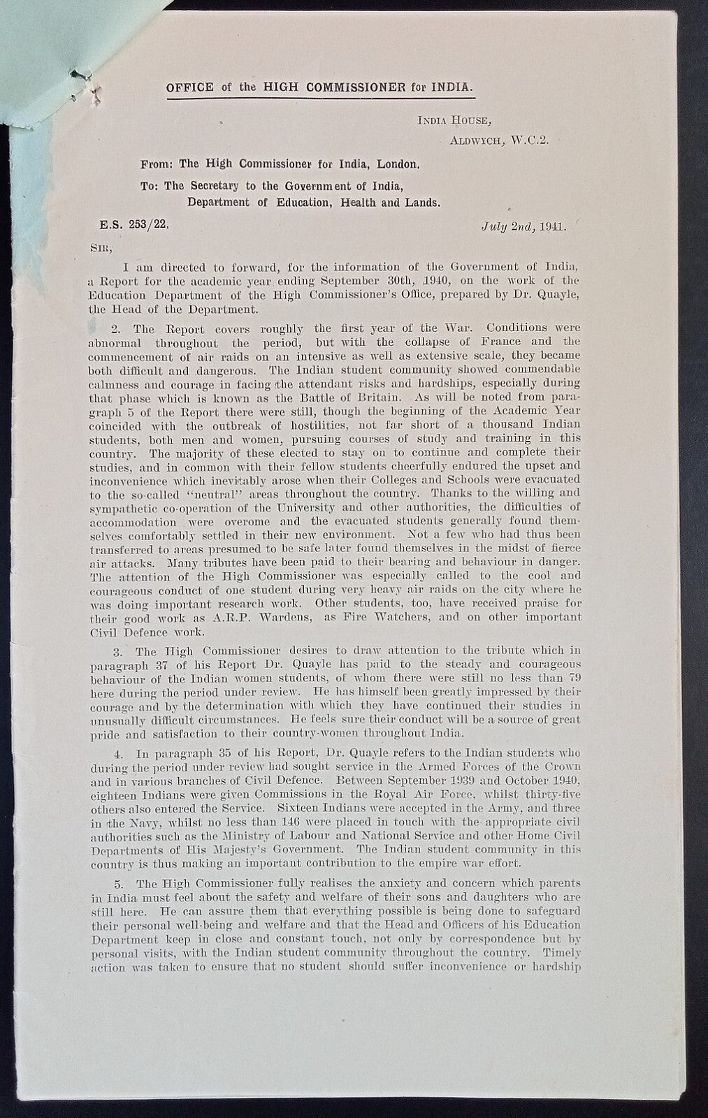 High Commissioner for India 1940 Report on the Work of the Education Department