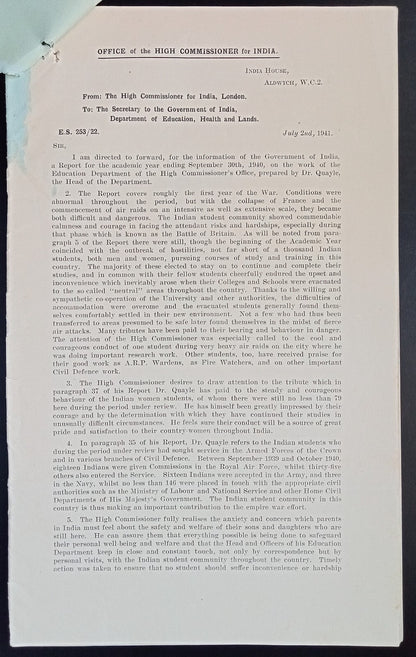 High Commissioner for India 1940 Report on the Work of the Education Department
