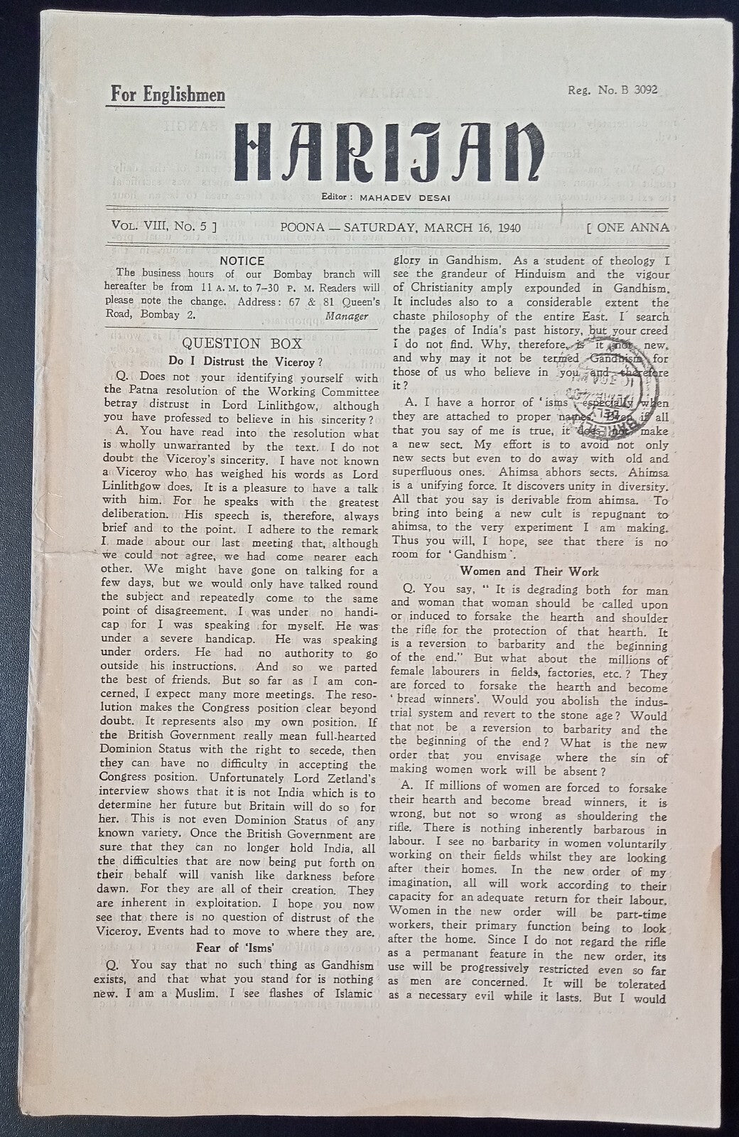 India HARIJAN 16 March 1940 issue - DO I DISRTUCT THE VICEROY? by MK Gandhi