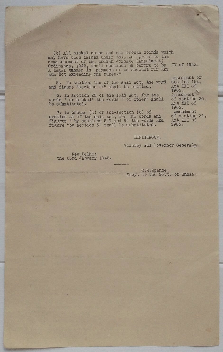 India 1942 The Indian Coinage Amendment Ordinance