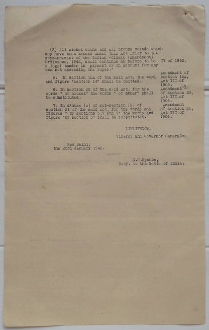 India 1942 The Indian Coinage Amendment Ordinance