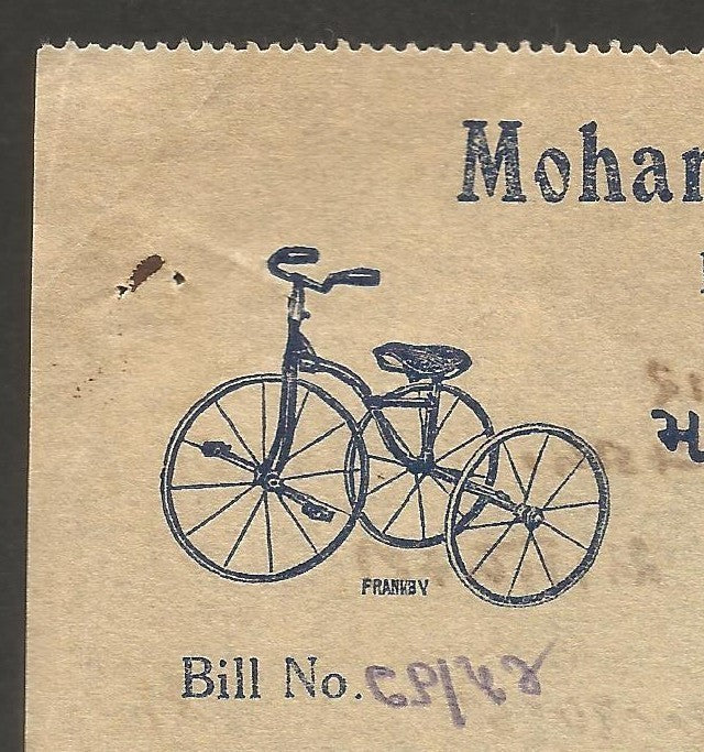India 1931 illustrated billhead ALLIBHAI ELECTRIC CONTRACTORS - BICYCLE Rajkot
