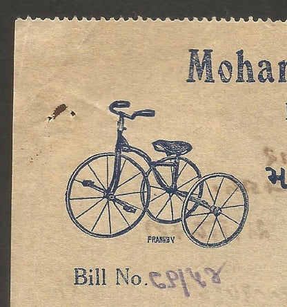 India 1931 illustrated billhead ALLIBHAI ELECTRIC CONTRACTORS - BICYCLE Rajkot