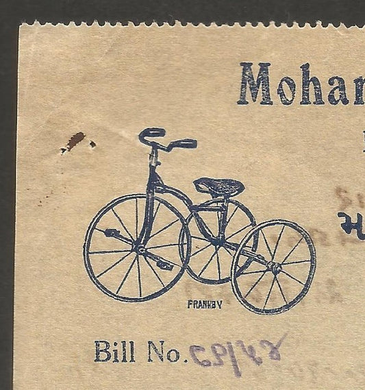 India 1931 illustrated billhead ALLIBHAI ELECTRIC CONTRACTORS - BICYCLE Rajkot