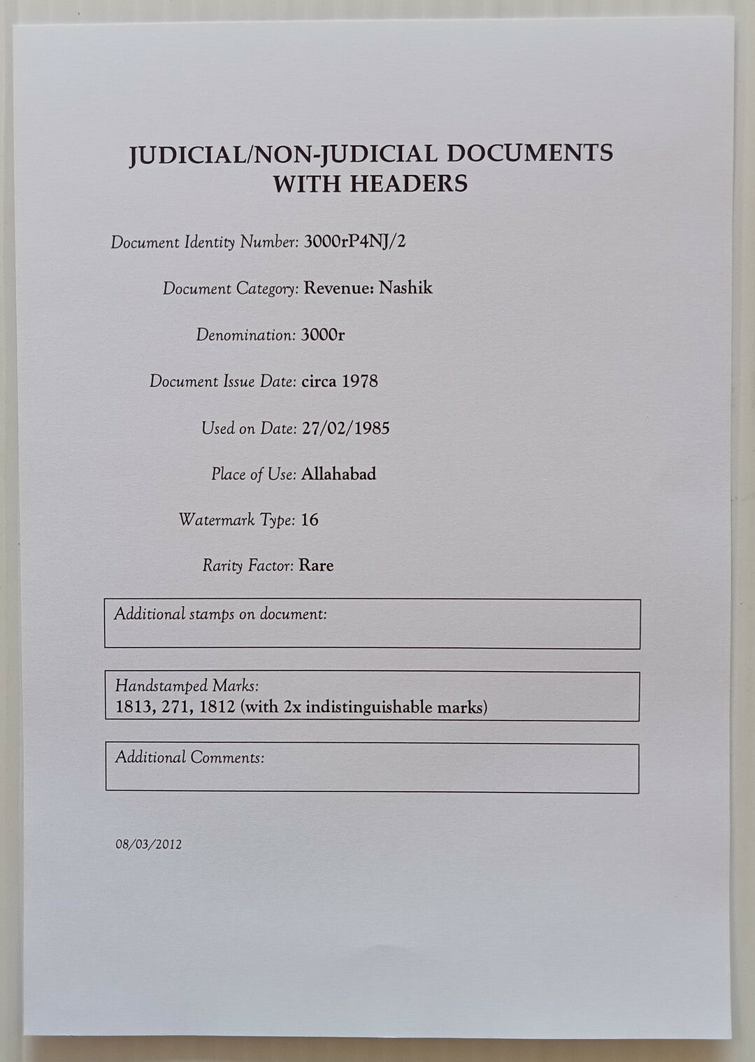 AOP India Capital 3000R stamp paper Wmk Type 16