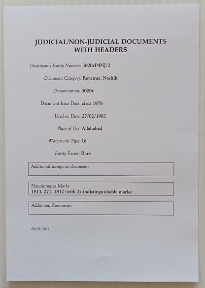 AOP India Capital 3000R stamp paper Wmk Type 16