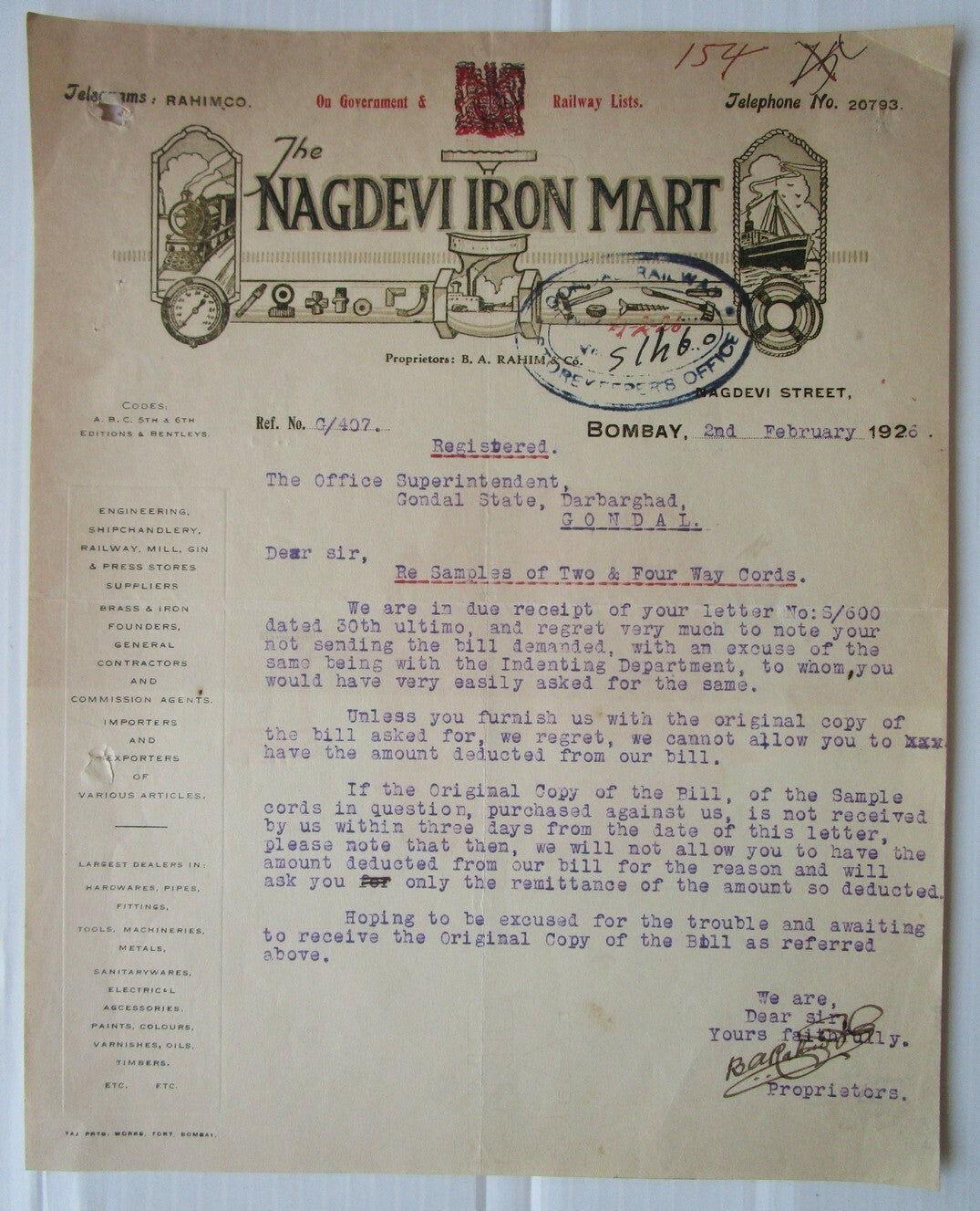 India 1926 illustrated letterhead NAGDEVI IRON MART Bombay