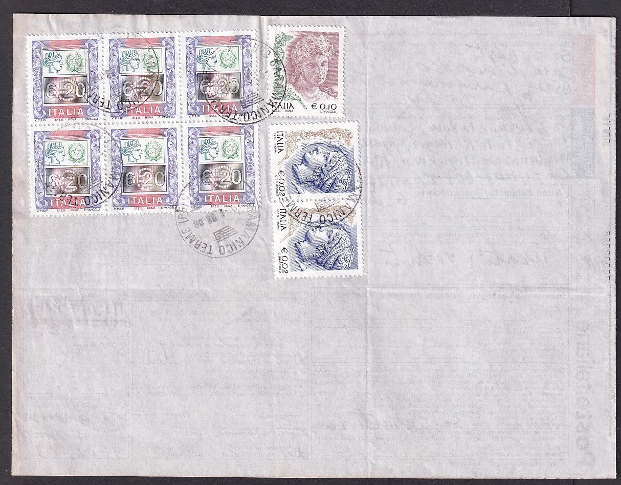 Italy 2003 parcel card to India with Euro 6.20 block of 6, etc.