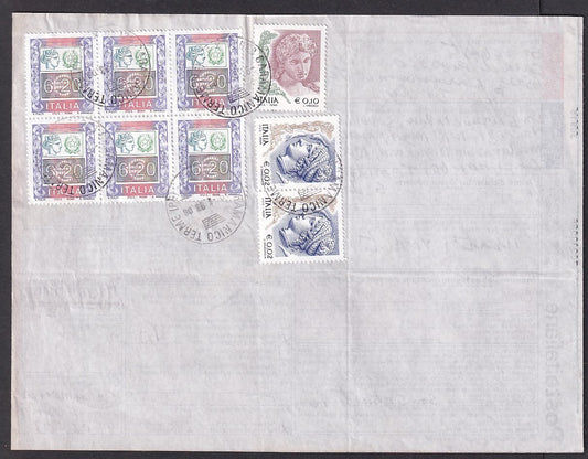 Italy 2003 parcel card to India with Euro 6.20 block of 6, etc.