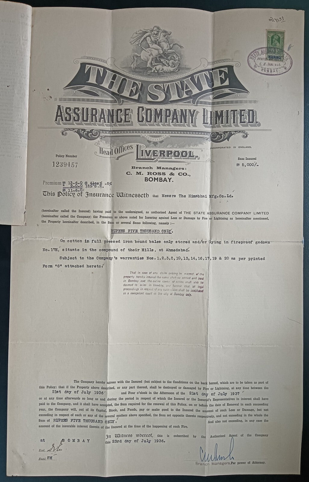 India STATE ASSURANCE COMPANY 1937 Fire Policy