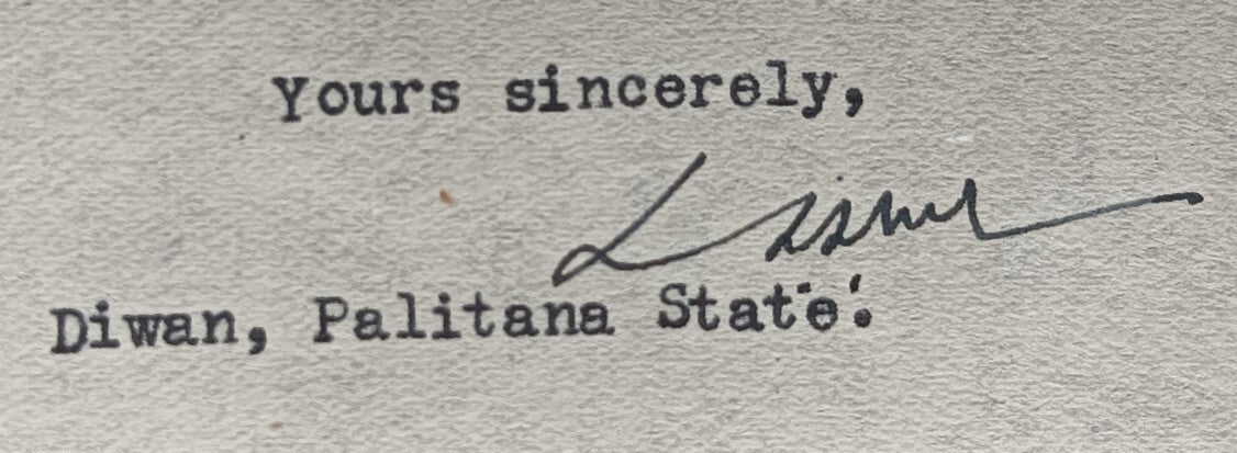 India 1946 crested letter PALITANA STATE signed by the Diwan