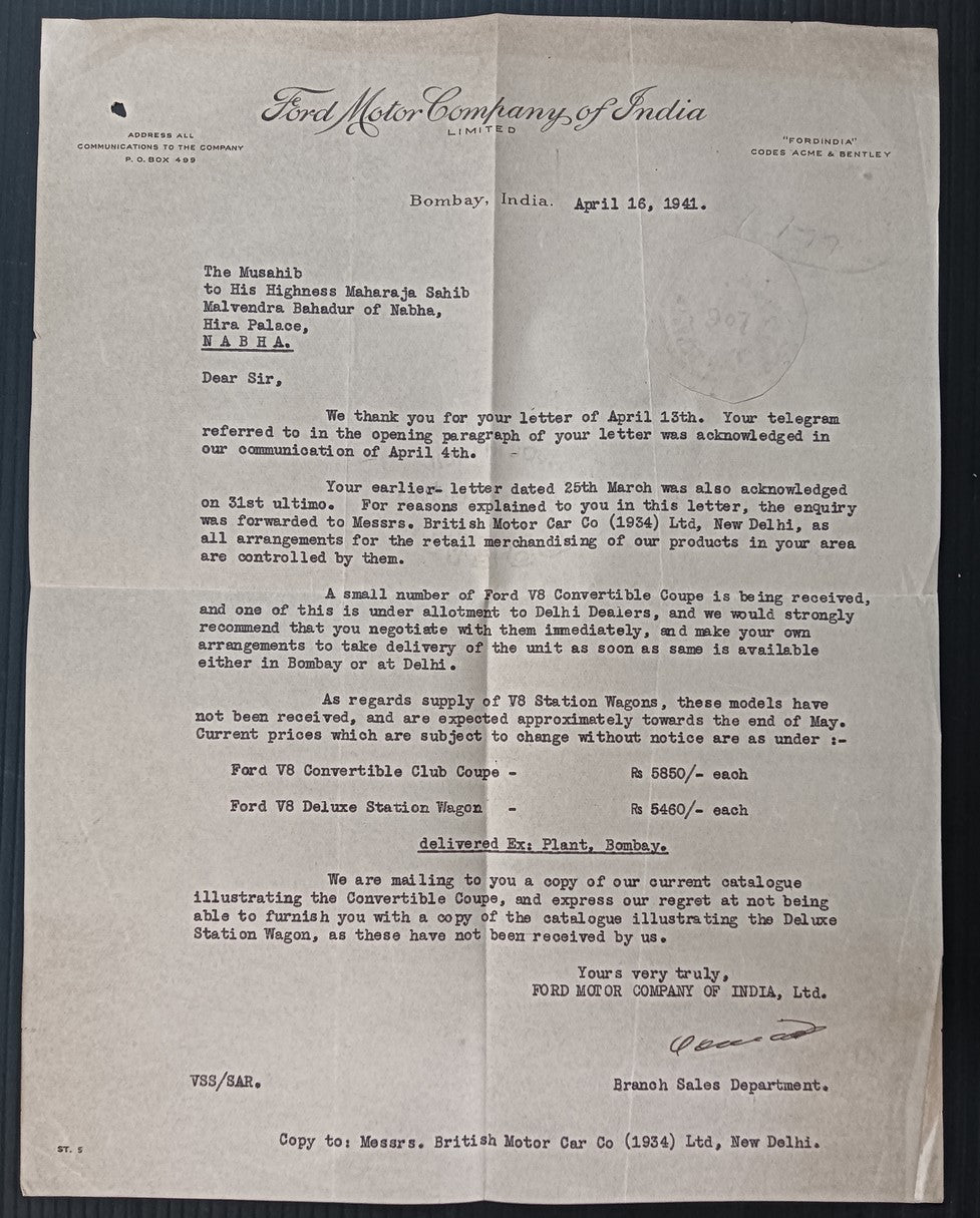 FORD MOTOR COMPANY OF INDIA, Bombay 1941 letterhead