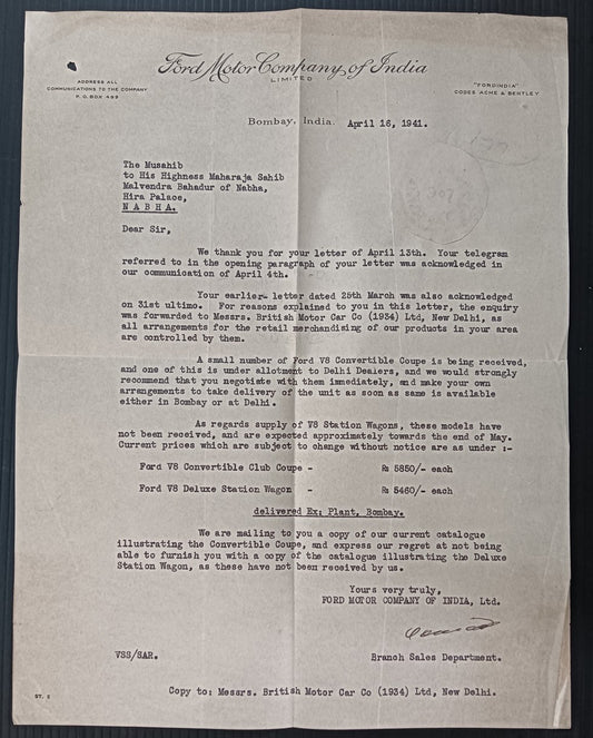 FORD MOTOR COMPANY OF INDIA, Bombay 1941 letterhead