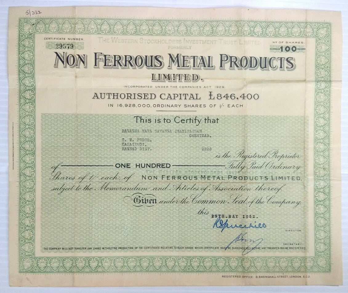 India Non Ferrous Metal Products Ltd 1952 share certificate
