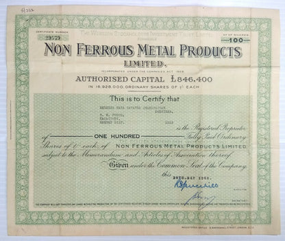 India Non Ferrous Metal Products Ltd 1952 share certificate